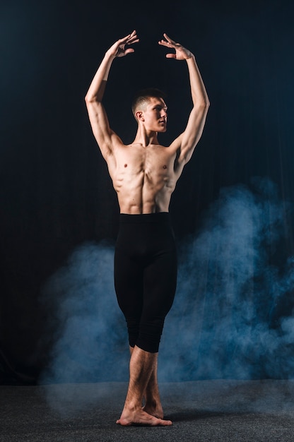 Free photo front view of ballerino in tights and smoke