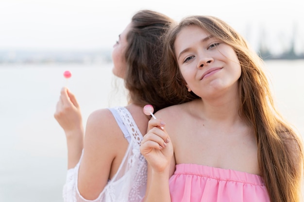 Front view of beautiful girls at beach