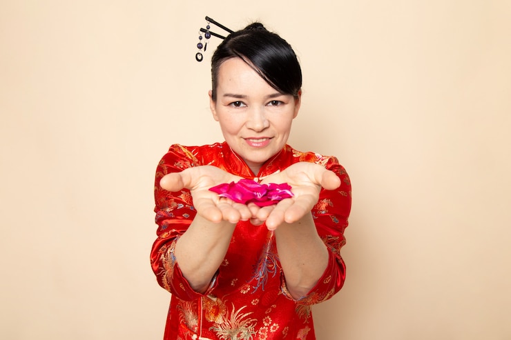 Free Photo a front view beautiful japanese geisha in traditional red japanese dress with hair sticks posing holding red rose petals elegant smiling on the cream background ceremony japan eastern