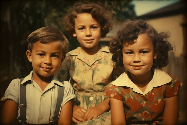 Free photo front view beautiful kids posing vintage portrait