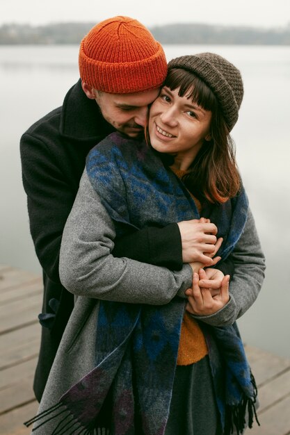 Front view of beautiful lovely couple outside