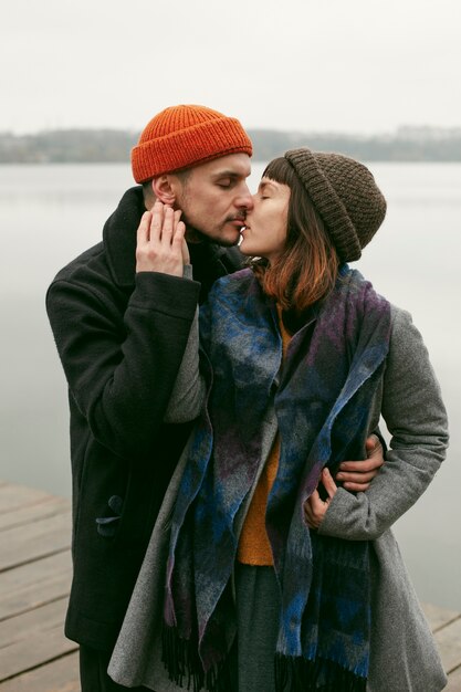 Front view of beautiful lovely couple outside