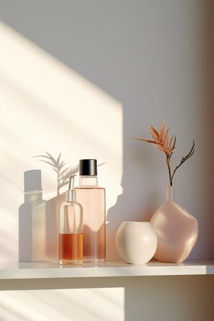 front view of beauty products on shelf with copy space