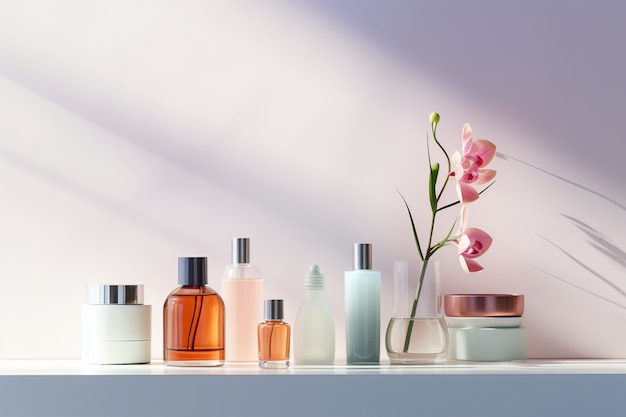 Free photo front view of beauty products on shelf with copy space