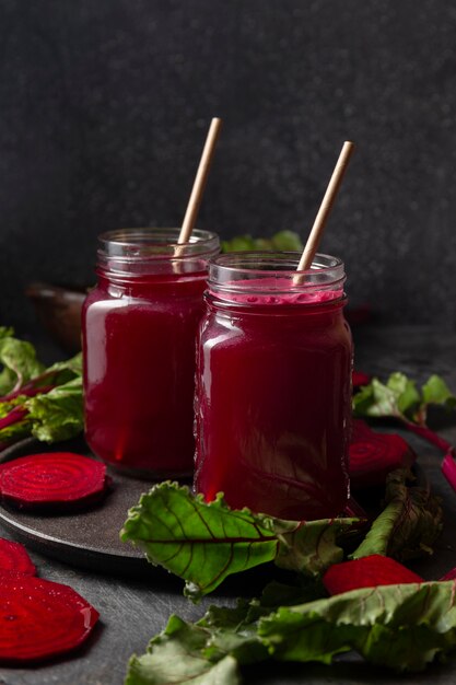 Front view beet juice in jars