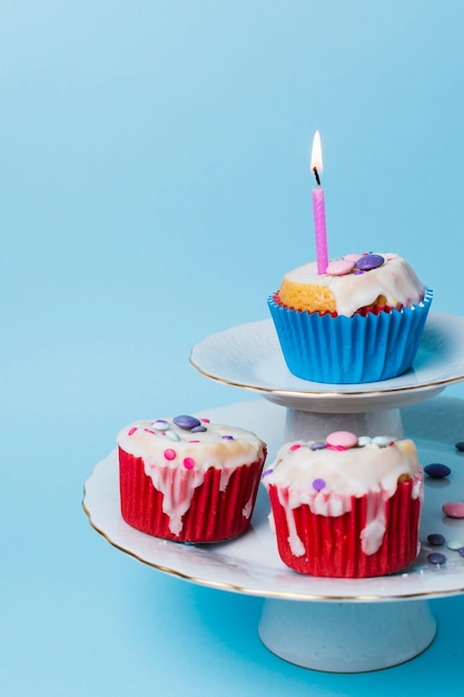 파란색 배경에 전면보기 생일 컵 케이크 배열