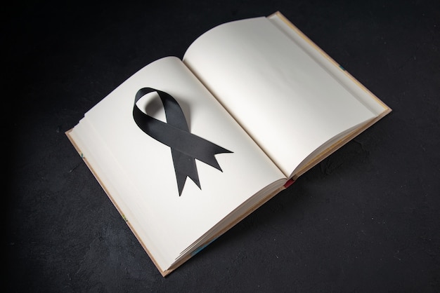 Front view of black bow inside open book on dark surface