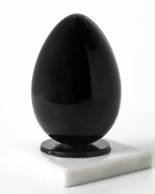 Front view black egg on the white floor