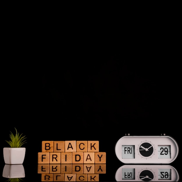 Front view of black friday word with copy space
