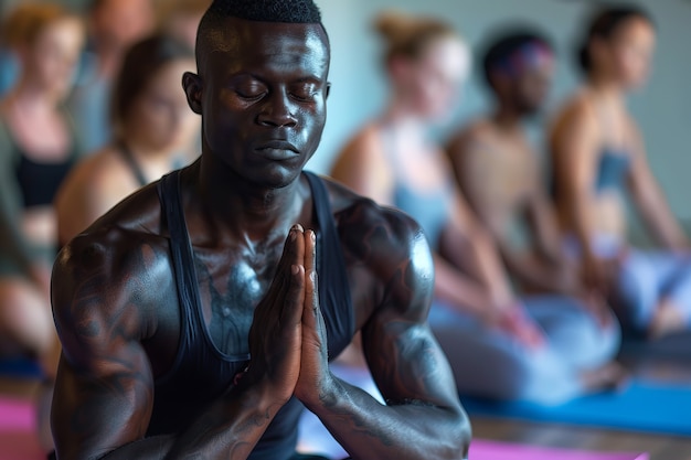 Foto gratuita vista anteriore uomo nero che pratica yoga