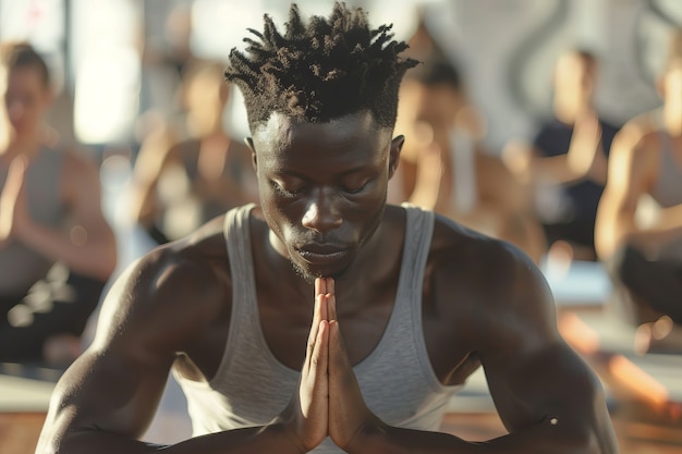 Foto gratuita vista anteriore uomo nero che pratica yoga