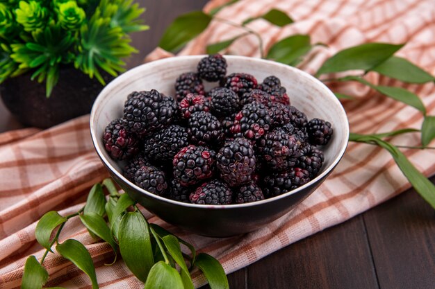 Front view of blackberry in a bowl with leaf branches on a checkered brown towel