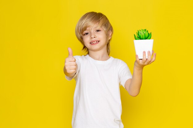 front view blonde smiling boy adorable with little green plant on the yellow desk