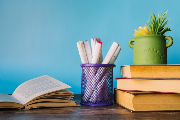 Front view books on desk