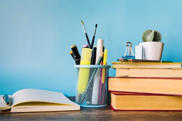 Front view books on desk