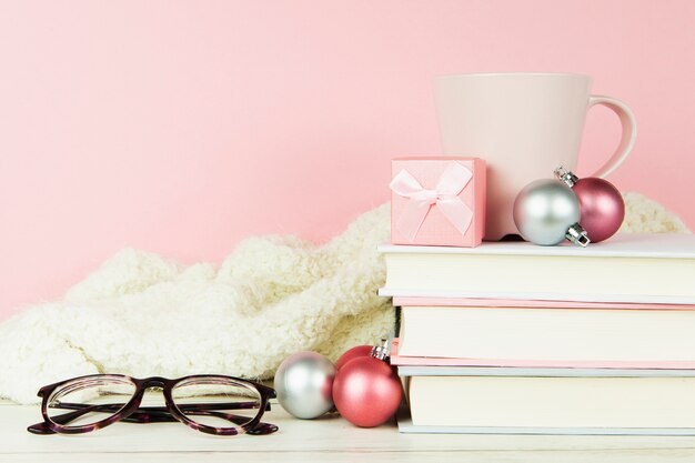 Front view of books and glasses