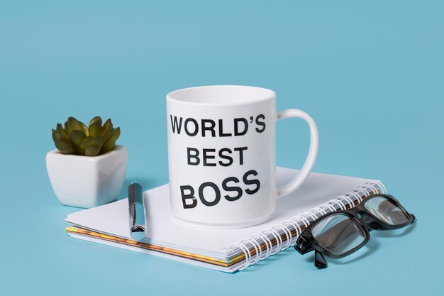 front view boss's day arrangement with coffee cup