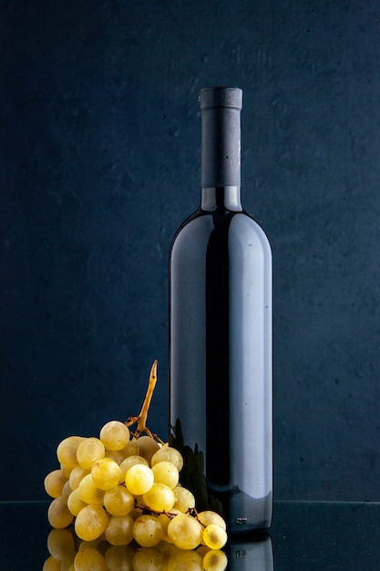 Front view bottle of wine with fresh grapes on dark background fruit drink alcohol color photo