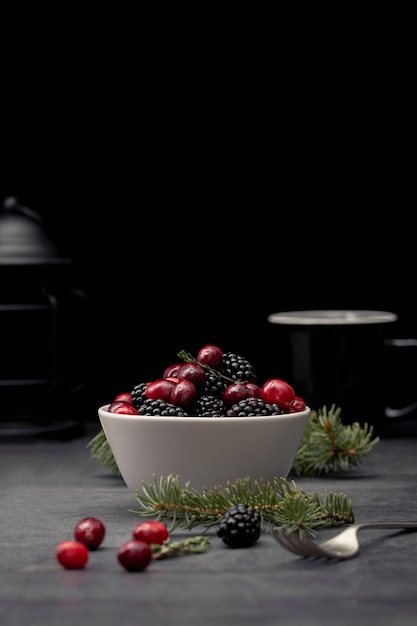 Front view of bowl with cranberries and blackberries