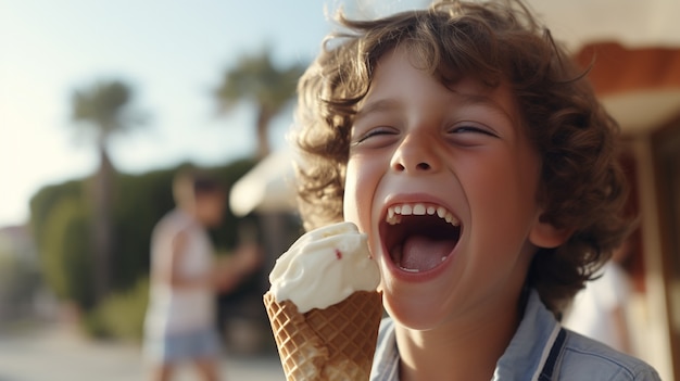 Foto gratuita ragazzo di vista frontale che mangia il gelato