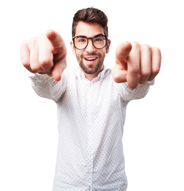 Free photo front view of boy pointing with both hands