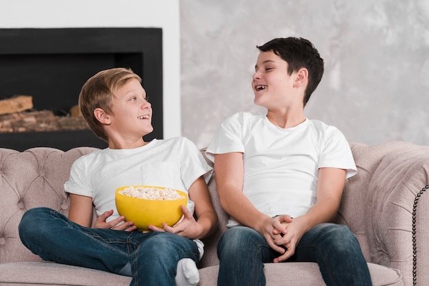 Front view of boys talking and smiling