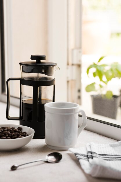 Front view breakfast arrangement with coffee