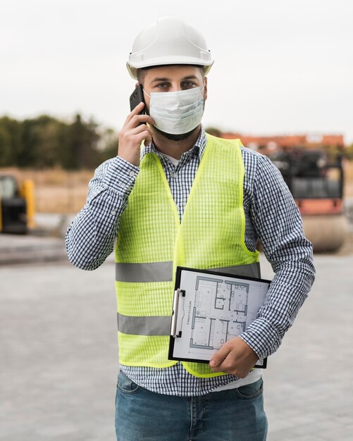 Front view builder man talking on phone