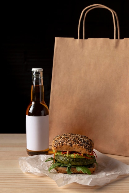 Front view burger with delivery bag