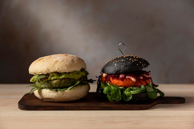 Front view burgers on tray