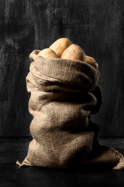 Front view of burlap sack with potatoes