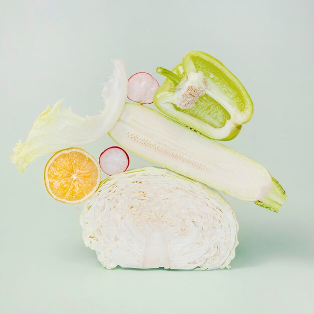 Front view of cabbage with zucchini and radish