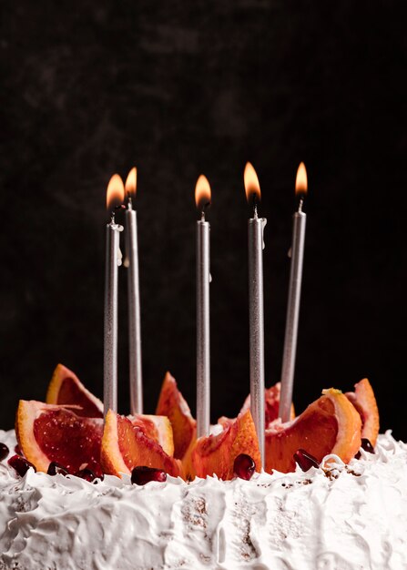 Front view of cake with candles