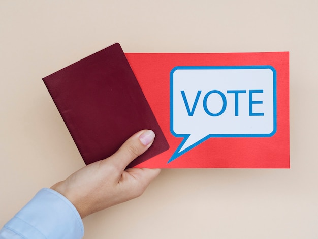 Front view card with vote speech bubble with beige background