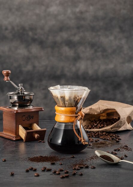 Front view of chemex with coffee and copy space