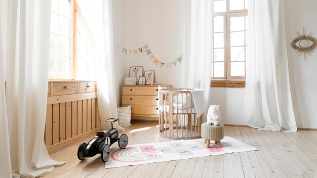 Front view of child room with rustic interior design