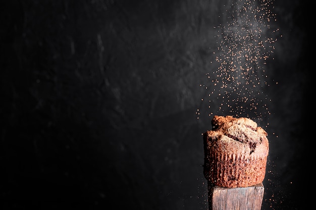 Foto gratuita vista frontale del muffin al cioccolato con cacao in polvere e spazio della copia