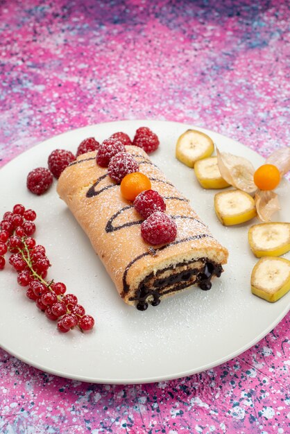 Free photo front view of chocolate roll cake along with cranberries and fruits on the pink surface