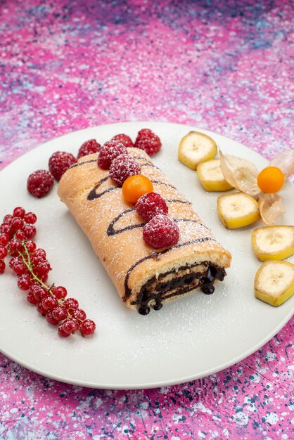 분홍색 표면에 크랜베리와 과일과 함께 초콜릿 롤 케이크의 전면보기