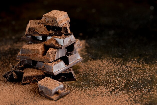 Front view of chocolate with cocoa powder