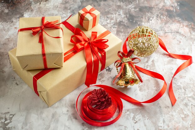 Front view christmas presents with toys on a white background