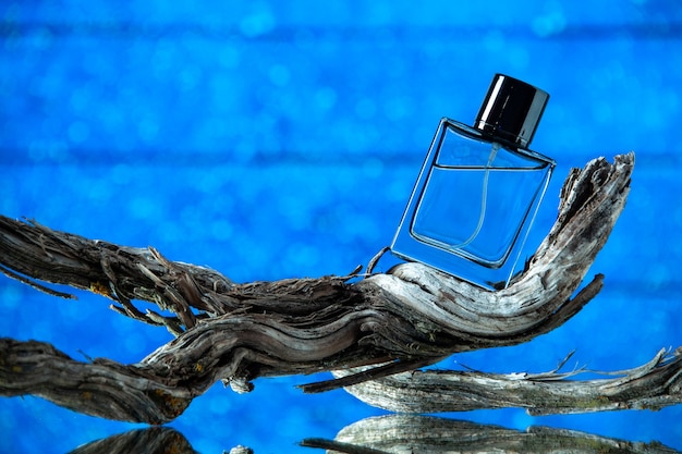 Вид спереди бутылки одеколона на гнилой ветке дерева на синем фоне копии места