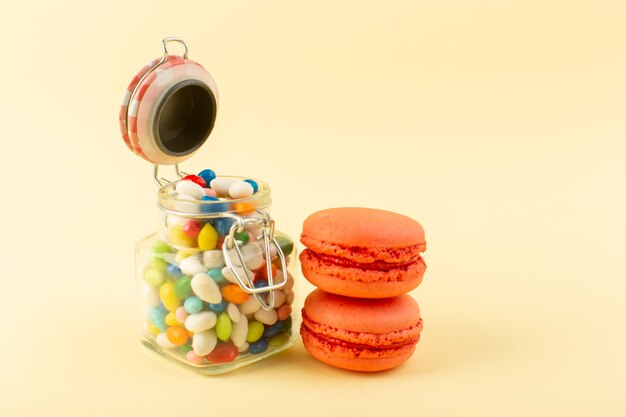 A front view colorful candies with french macarons