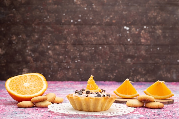 Front view cookies and cake with orange slices on the colored surface cookie biscuit cake sweet