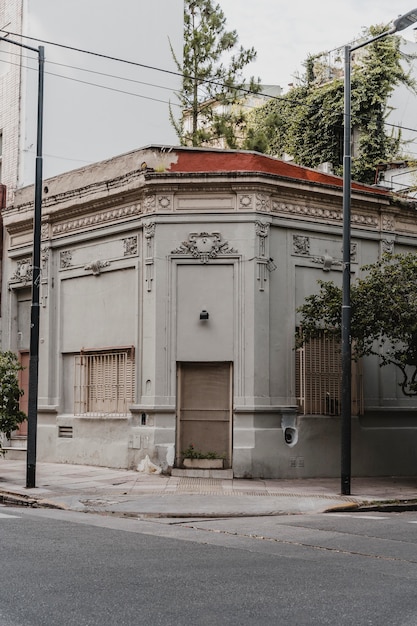 Front view of corner building in the city