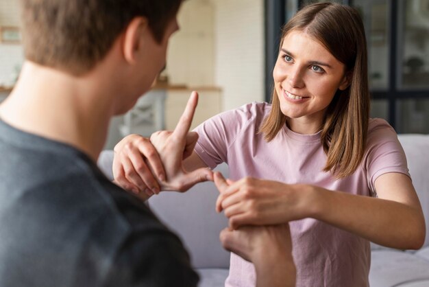 Front view of couple communicating