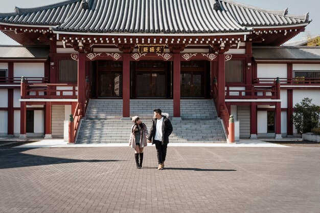 front view of couple in front of japanese building