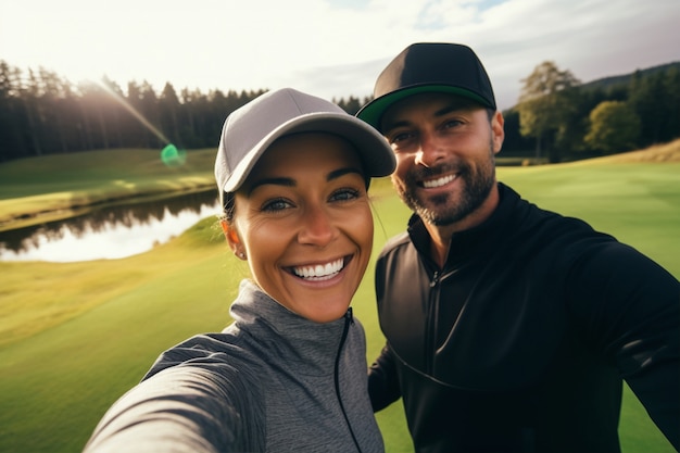 Free photo front view couple playing golf in nature