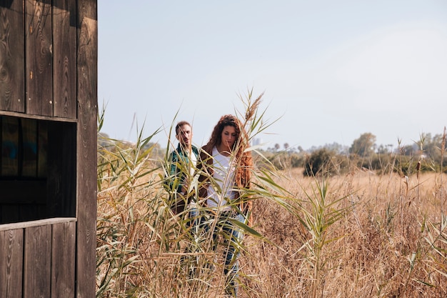 Front view couple walking in a wheat field