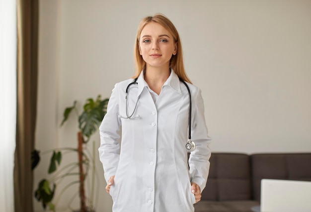 Foto gratuita vista frontale del medico femminile del centro di recupero covid con la posa con lo stetoscopio